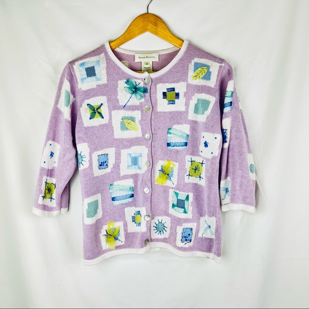 SUSAN BRISTOL Hand Embroidered Purple & White Spring Dragon Fly Sweater Size M
